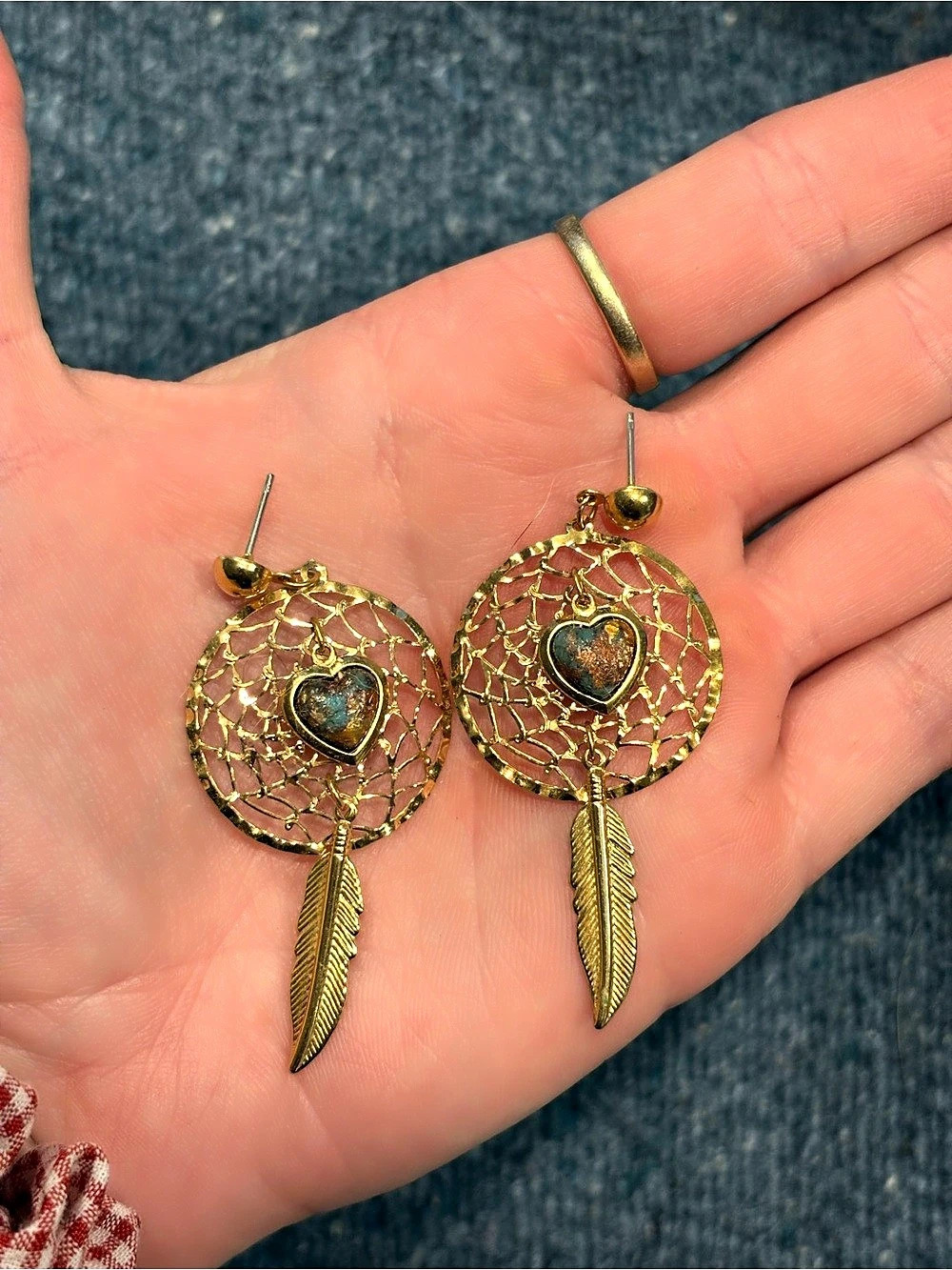 Gold Heart & Feather Dangle Earrings